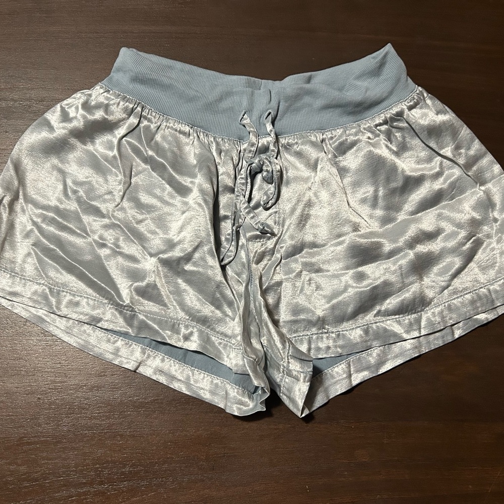 Light Blue Satin Sleep Shorts with Ribbed Drawstring Waist